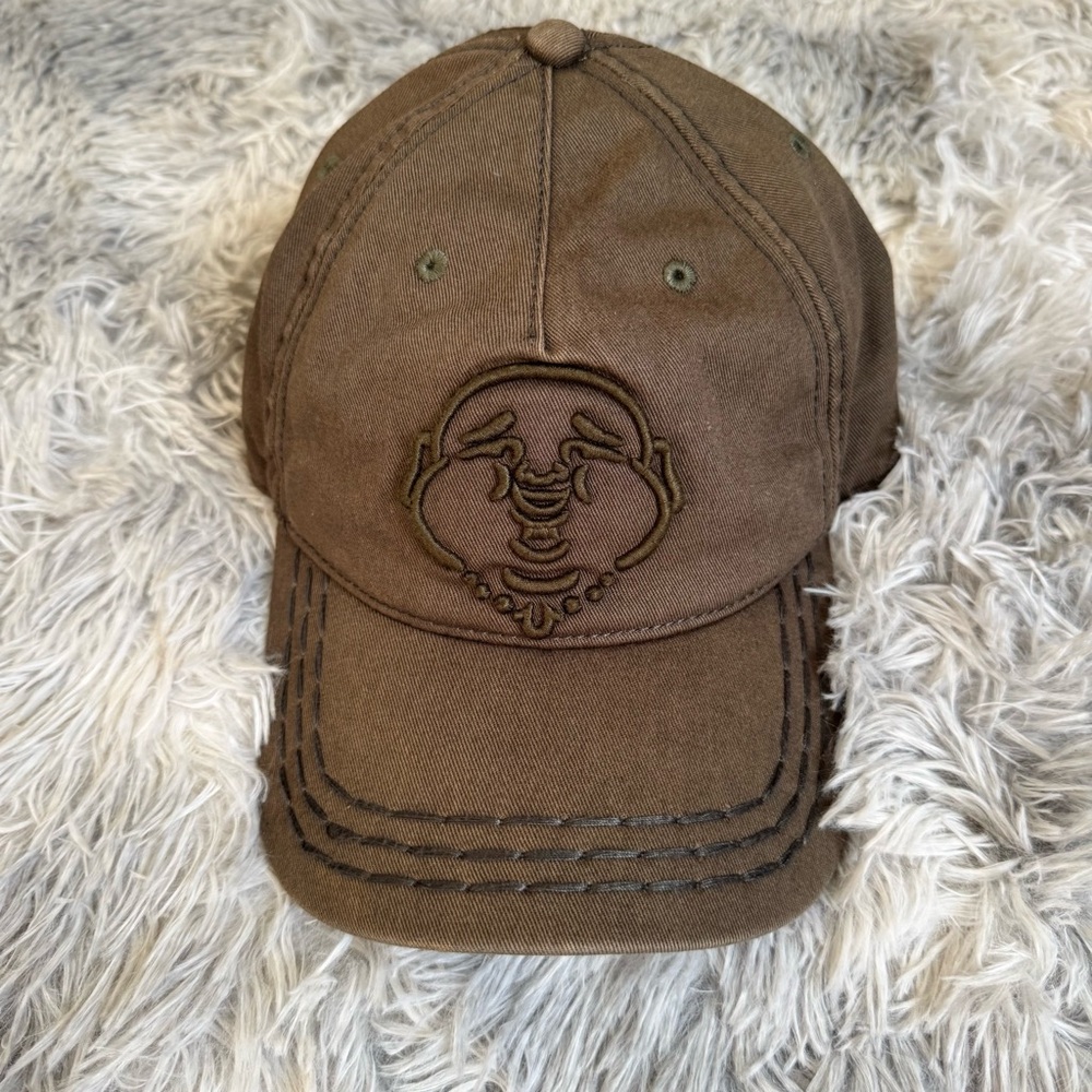 True Religion Super T Buddha Baseball Hat Olive Green Embroidered Adjustable